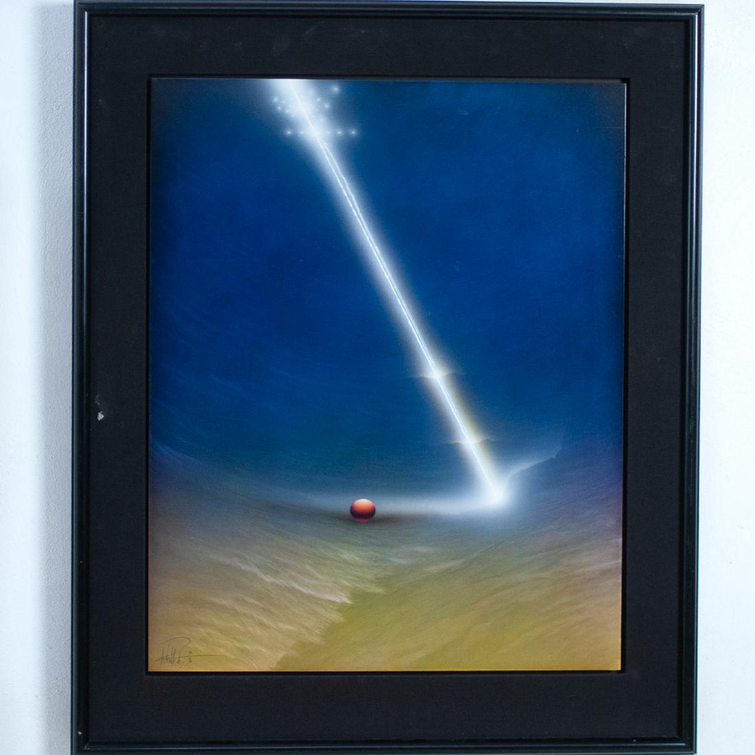 Andreas Nottebohm (American|German born. 1944-): DESCRIPTION: An oil on aluminum sheet by Andrea Nottebohm. Features a space scape painting of a meteor streaking across the night sky, with a floating orb centering a valley. Signed along the bottom l