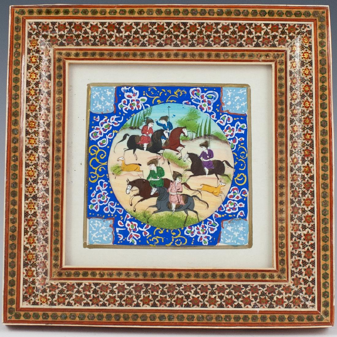 Persian Painting on Bone: DESCRIPTION: A Persian painting on a round bone plaque. Features a depiction of five figures on horseback welding spears, backed by a dome topped structure amongst a hilly landscape backdrop. Set in a