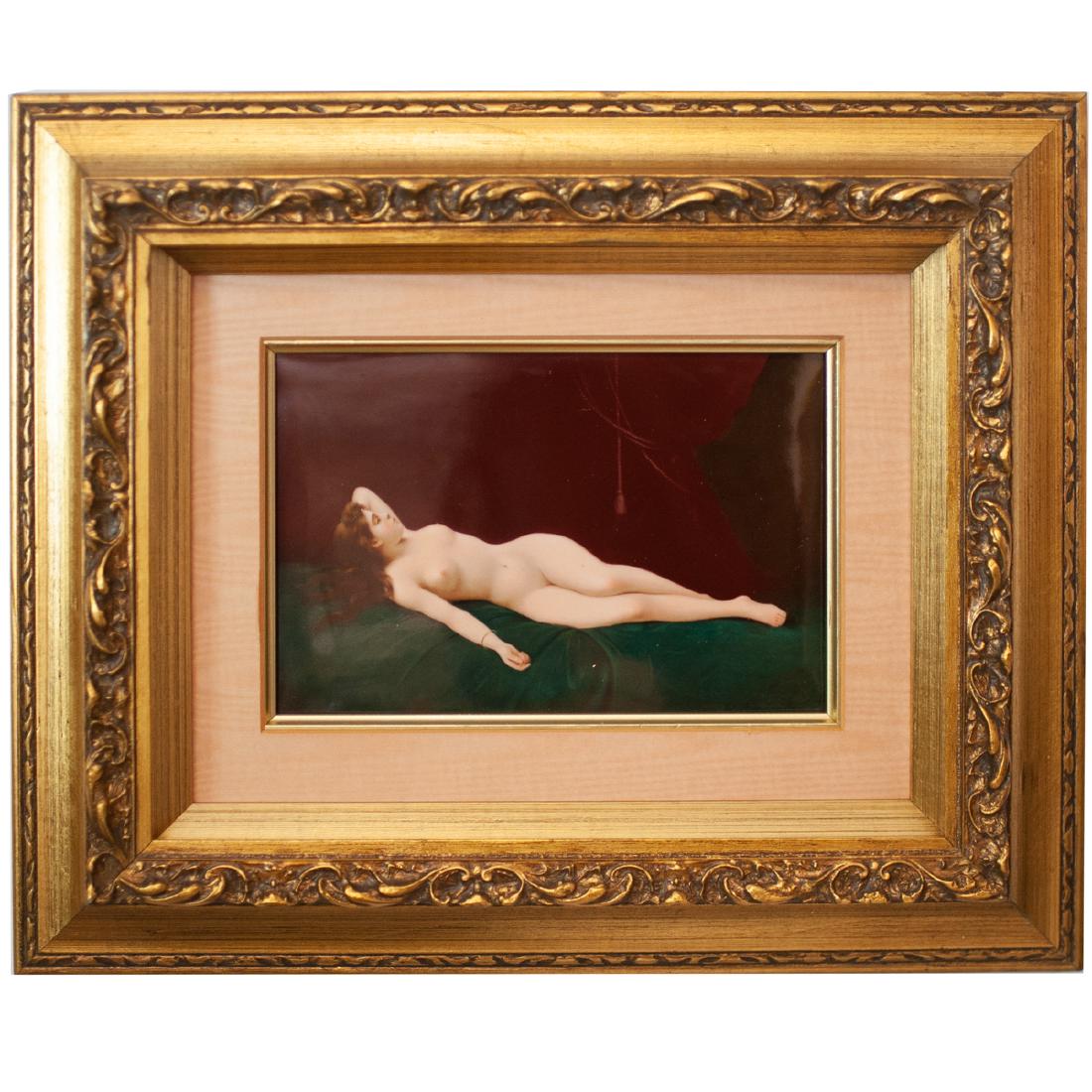 Ed Baerschneider KPM Porcelain Plaque: DESCRIPTION: An antique KPM porcelain plaque by Eduard Baerschneider. Features a depicition of a nude woman, reposed in a bed, with enameled jewels in her hair. Marked on verso with an incised KPM mar