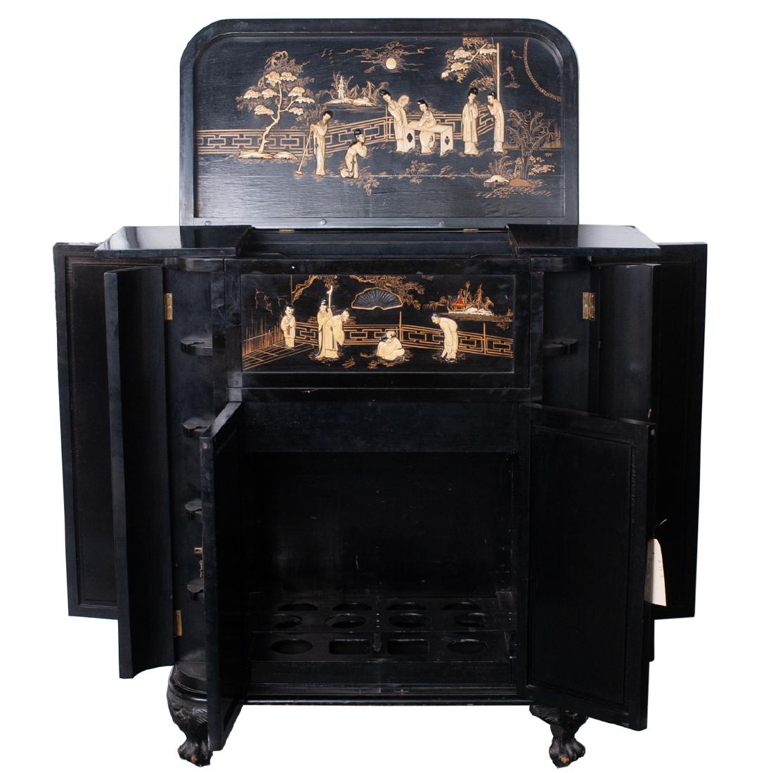 Antique Chinese Lacquered Bar Cabinet: DESCRIPTION: An antique Chinese bar cabinet composed of an overall black lacquered, wooden foundation with lion paw motif feet, decorated with carved bone onlaid figural scenes of regal figures and im