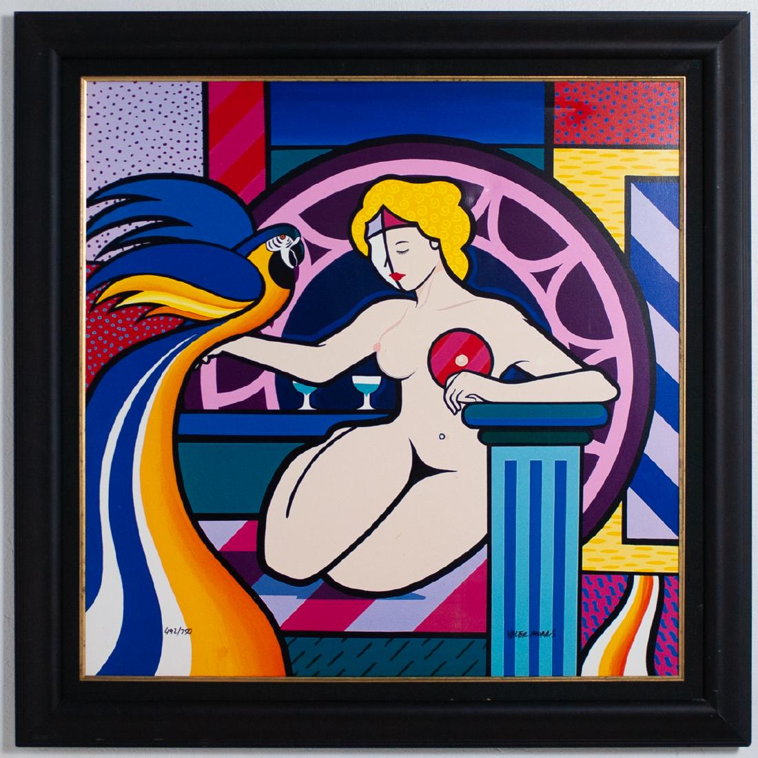 Valter Morais (Brazilian Late 20th Ct.): DESCRIPTION: An giclee on canvas by Brazilian artist, Valter Morais. Features a vibrantly toned depicition of a nude woman weilding a parrot. Signed:"492/750 Valter Morais". CIRCA: 21st Ct. ORIGIN: US