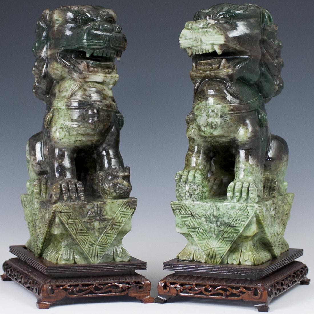 Antique Chinese Carved Spinach Jade Foo Dogs