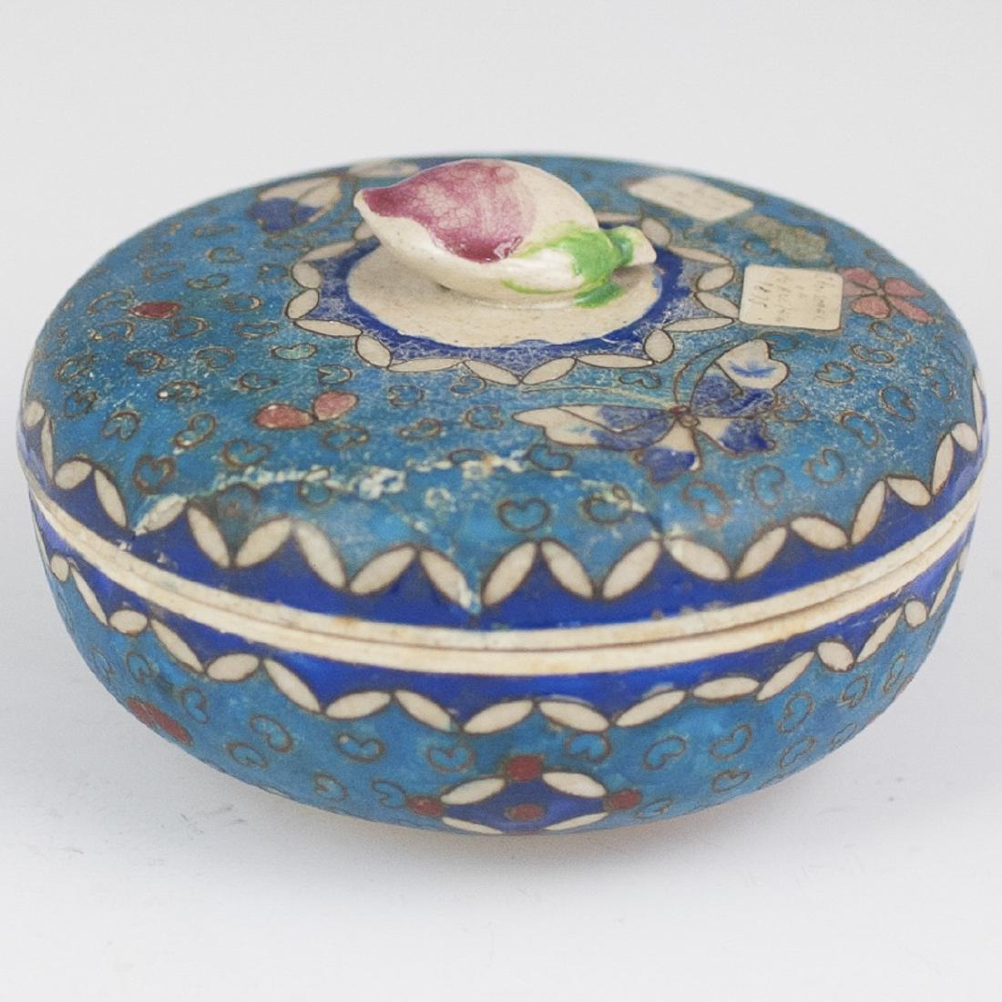 Antique Japanese Cloisonne Totai Earthenware Box: DESCRIPTION: An antique Meiji period,Japanese cloisonne Totai earthenware box. Embellished with enameled, wire lined motifs of soaring butterflies and flowers. Finished With a rich turquoise base enam