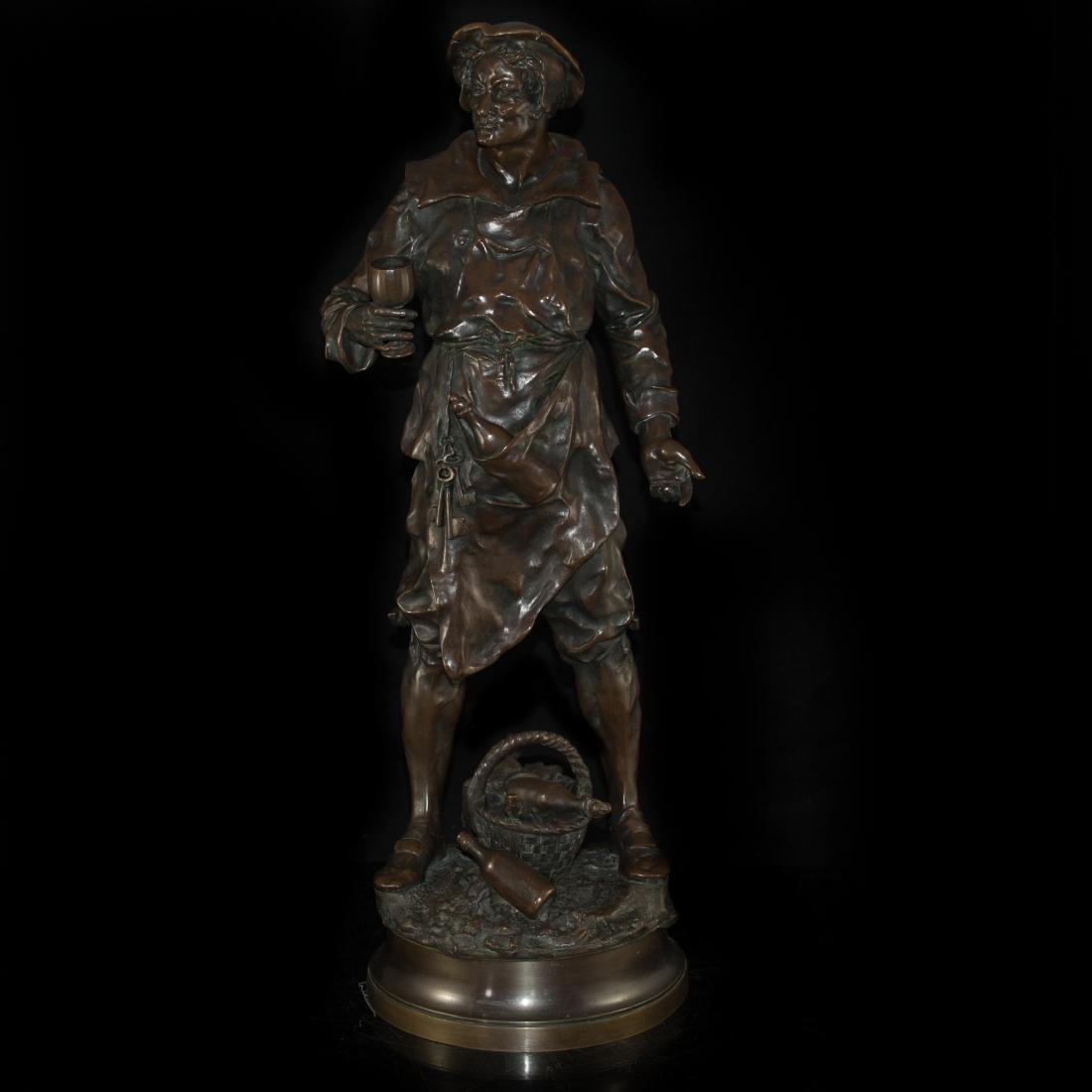 Emile Louis Picault (French, 1833-1915): Emile Louis Picault titled "Kellermeister" translated to cellar keeper features in a dark golden brown patina man dressed in 18th Ct, garments with bottles of liquor at his feet. Signed "Emile Louis P