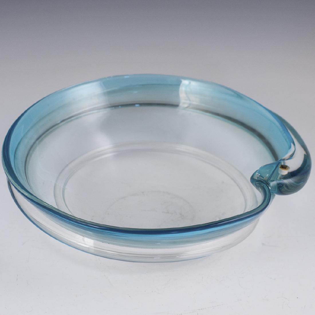 Alessandro Barbaro Murano Glass Centerpiece Bowl: DESCRIPTION: An Alessandro Barbaro, Murano glass bowl. Features a turquoise base tone, embellished with spiraled detailing wrapping the exterior surface. Marked along the underside: "A. Barbaro Murano