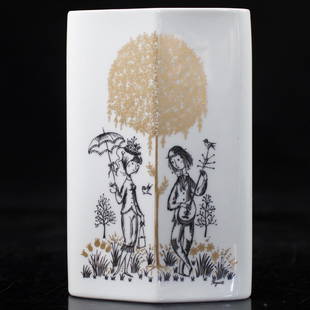 Rosenthal Raymond Peynet Porcelain Vase: DESCRIPTION: A Rosenthal, designed by Raymond Peynet, porcelain vase. Embellished with scenes of a woman under a parasol, and a man courting her with a lute underneath the shade of a gilded tree. Mark