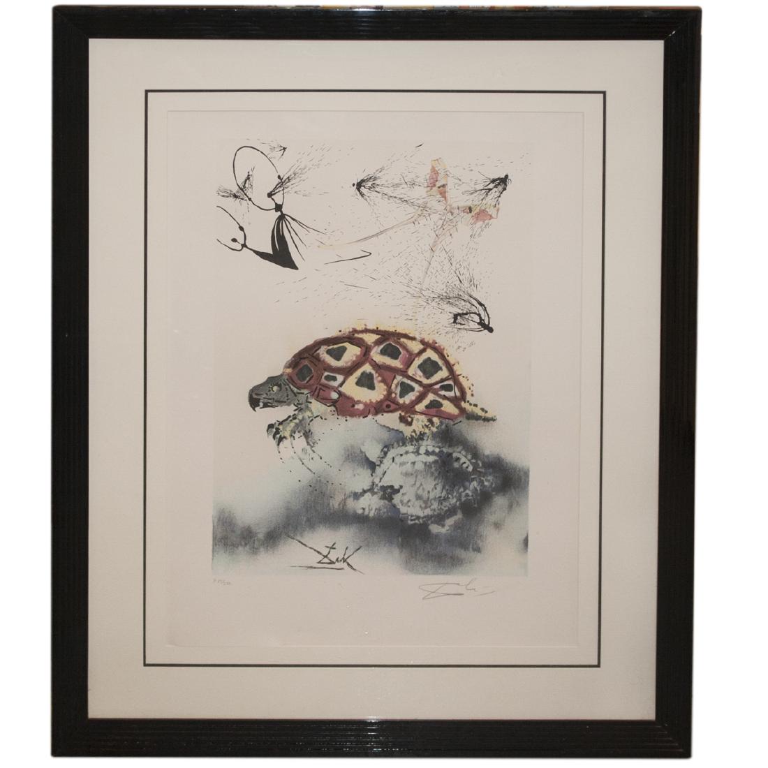 Salvador Dali "Alice's Evidence" Lithograph: DESCRIPTION:Salvador Dali lithograph from the Alice in Wonderland series titled: "Alice's Evidence". Features Alice holding up a flower with a woman kneeling down on her legs. Marked with a signature