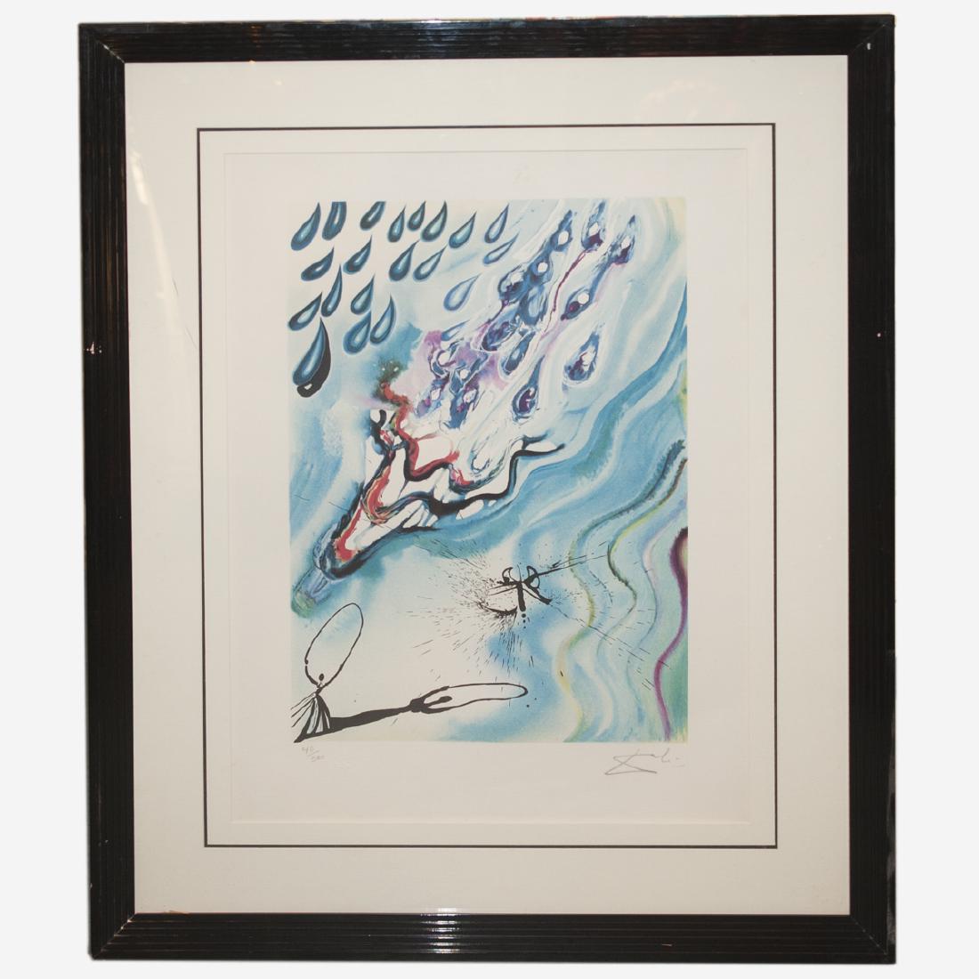 Salvador Dali "Alice's Evidence" Lithograph: DESCRIPTION:Salvador Dali lithograph from the Alice in Wonderland series titled: "Alice's Evidence". Features Alice holding up a flower with a woman kneeling down on her legs. Marked with a signature