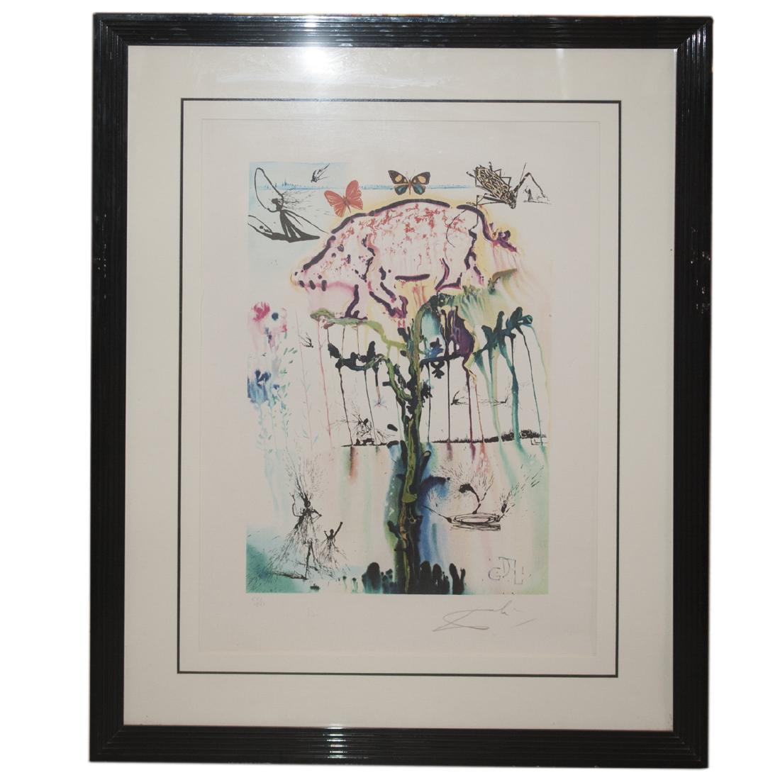Salvador Dali "Pig & Pepper" Lithograph: DESCRIPTION:Salvadore Dali lithograph titled:"Pig and Pepper" from the alice in Wonderland series. Features a scene from alice in Wonderland with a woman with a jump rope along the top, butterflies, a