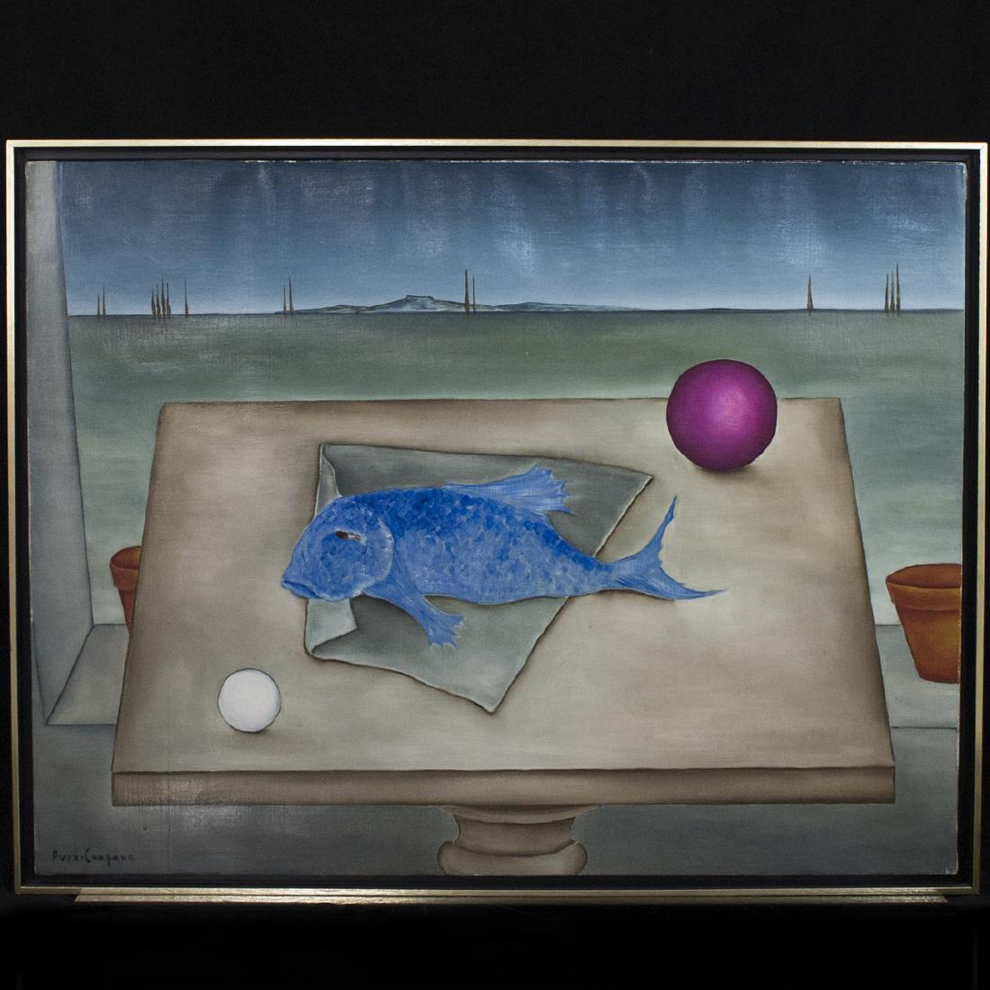Avon Campana (b. 1927): DESCRIPTION: An oil on canvas painting by Avon Campana. Features a depiction of a blue fish atop a table, along a terrace, with an oceanic, mountainous landscape backdrop. Signed:"Avon Campana". CIRCA