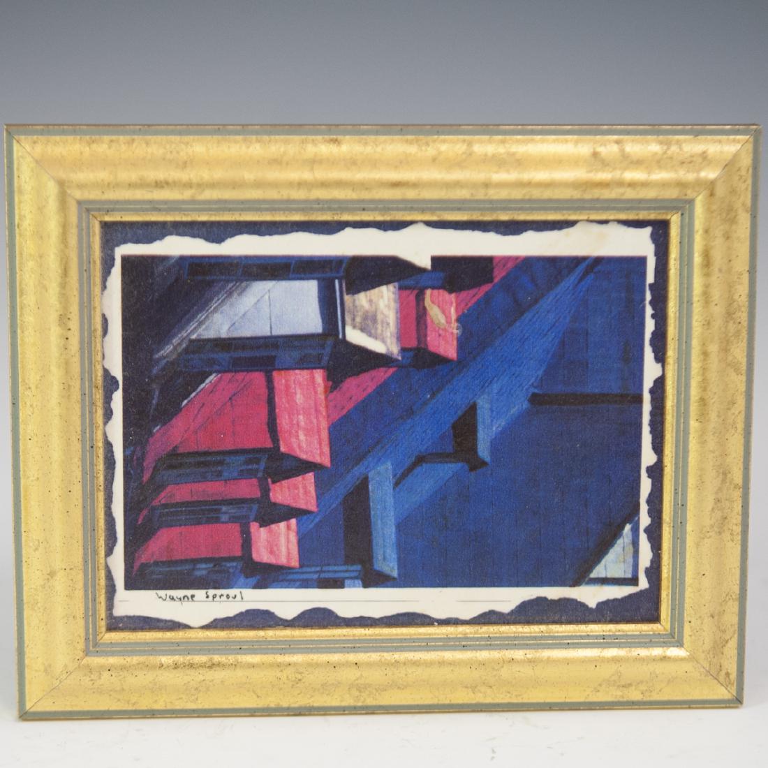 Wayne Sproul (Canadian 20th Ct.): DESCRIPTION: An oil on cardboard by Canadian artist, Wayne Sproul. Features an architectural depiction of windows lined up along roofs of houses. Signed along the right:"Wayne Sproul" and set in a gil