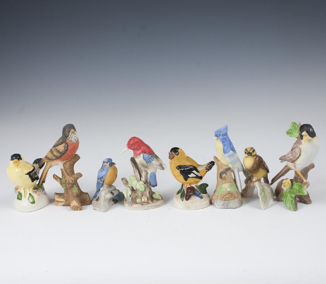Vintage Porcelain Bird Figurines: DESCRIPTION: A set of 8 porcelain bird figurines composed of a Goebel porcelain, glazed figurine of a bird perched atop a branch. A porcelain bird marked:"ELD". 5 bisque porcelain birds, and a glazed 