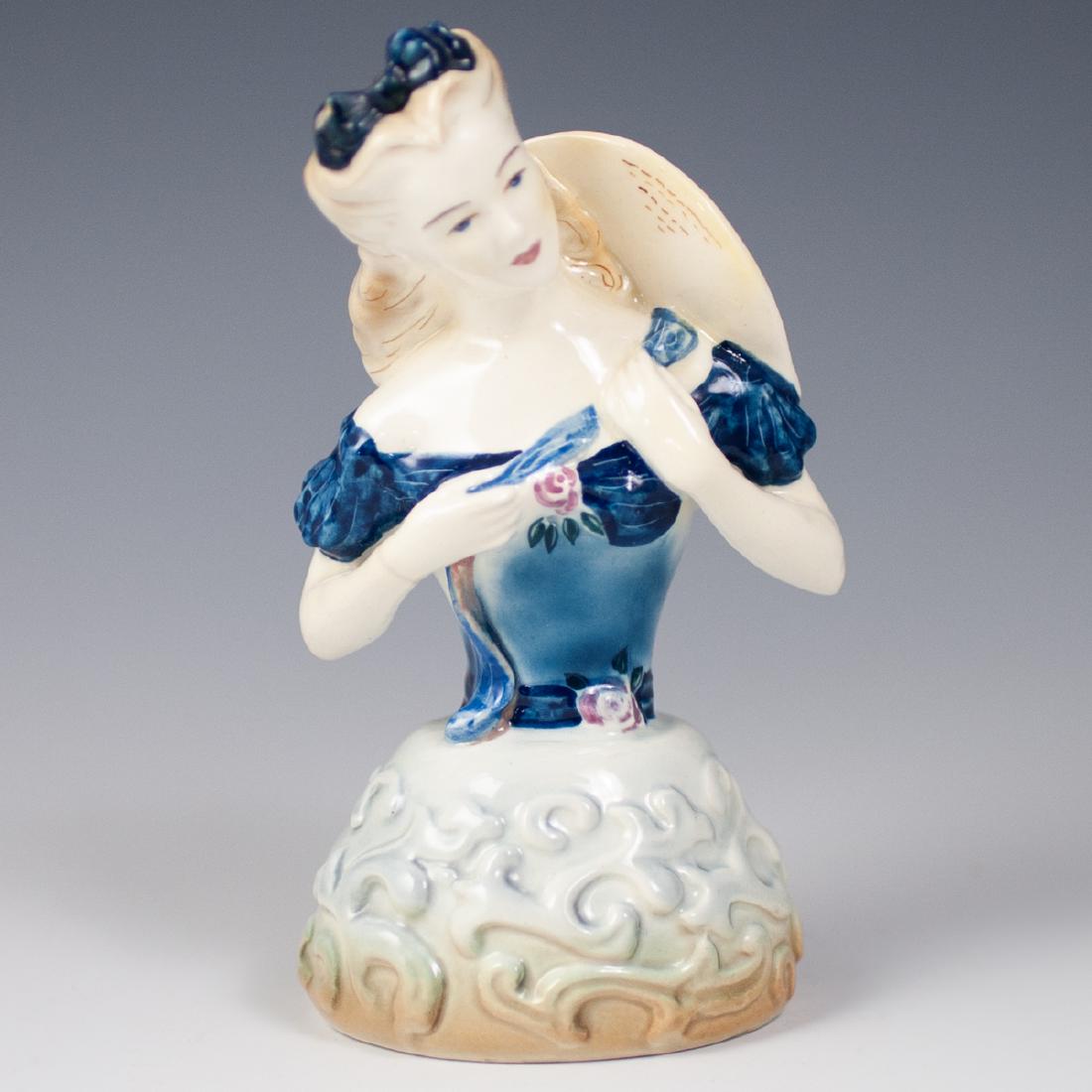Goldscheider-Everlast Porcelain Figurine: DESCRIPTION: A Goldscheider-Everlast porcelain figurine of a woman with scrolled floral detailing on her dress, wielding a hat behind her head. Marked along the underside with Goldschieder Everlast ba