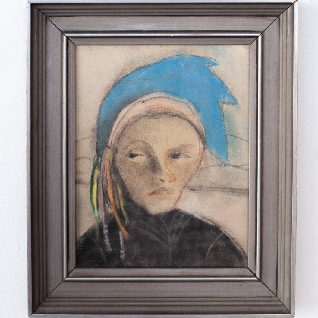 Att. to Edvard Munch: DESCRIPTION: Attributed to Edvard Mubch, pastel on paper. Shows a man with blue hair with mountains in the backdrop. Unsigned. CIRCA: 19th/20th ORIGIN: Unknown DIMENSIONS: L:14.5" W:12" CONDITION: Gre