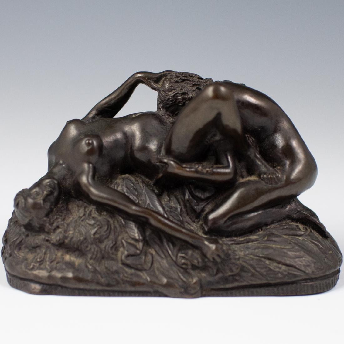After Joseph Maria Thomas Lambeaux (Belgium 1852-1908): DESCRIPTION: A miniature bronze erotic sculpture after Joseph Maria Thomas Lambeaux. Finished in a soft brown patina and marked:"J.M. Lambeaux". CIRCA: Early-Mid 20th Ct. DIMENSIONS: H:3" L:5" W:2.5" 