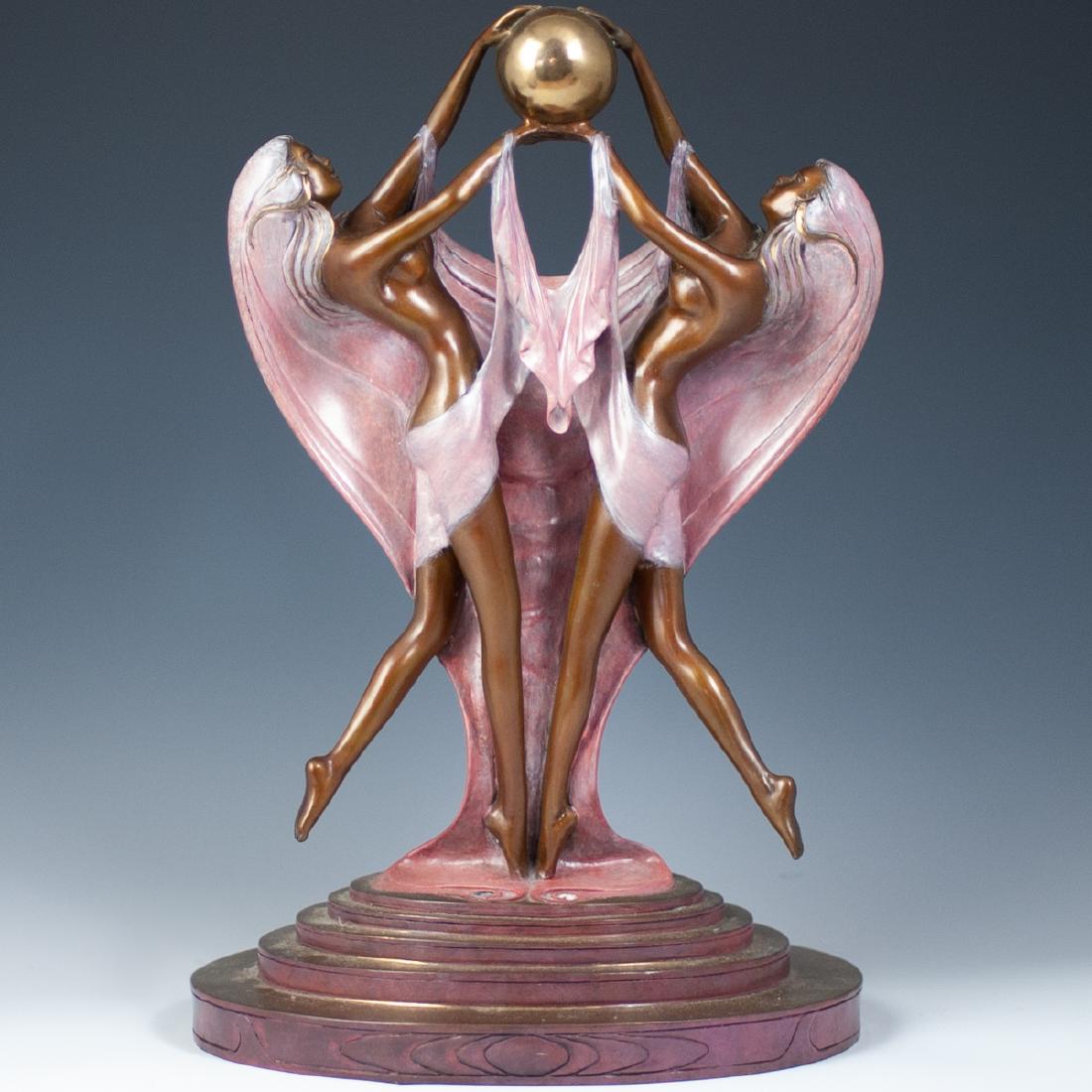 Angelo Basso "Duetto" Bronze: DESCRIPTION: A bronze by italian modern figurative artist Angelo Basso titled "Duetto". The bronze features two mirrored nude woman supporting a gilded sphere, each figure is carefully cold painted wi