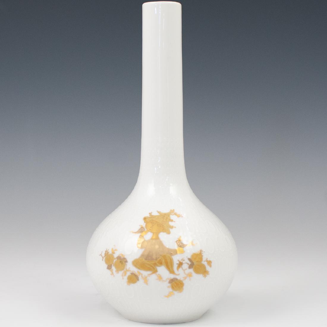 Rosenthal Bjorn Wiinblad "Romanze" Porcelain: DESCRIPTION: A Rosenthal Bjorn Wiinblad "romanze" vase. Embellished with gilded floral and figural motifs, features a rotund foundation and fluted neck. Marked with Rosenthal backstamps along the unde