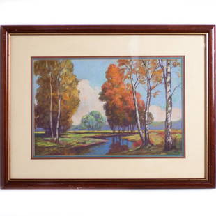 John Henderson Watercolor Painting: DESCRIPTION: A watercolor painting by artist John Henderson depicts a lake setting encompassed by autumn trees in multi colored hues. Signed "John Henderson". CIRCA: 20th Ct. ORIGIN: USA DIMENSIONS: H