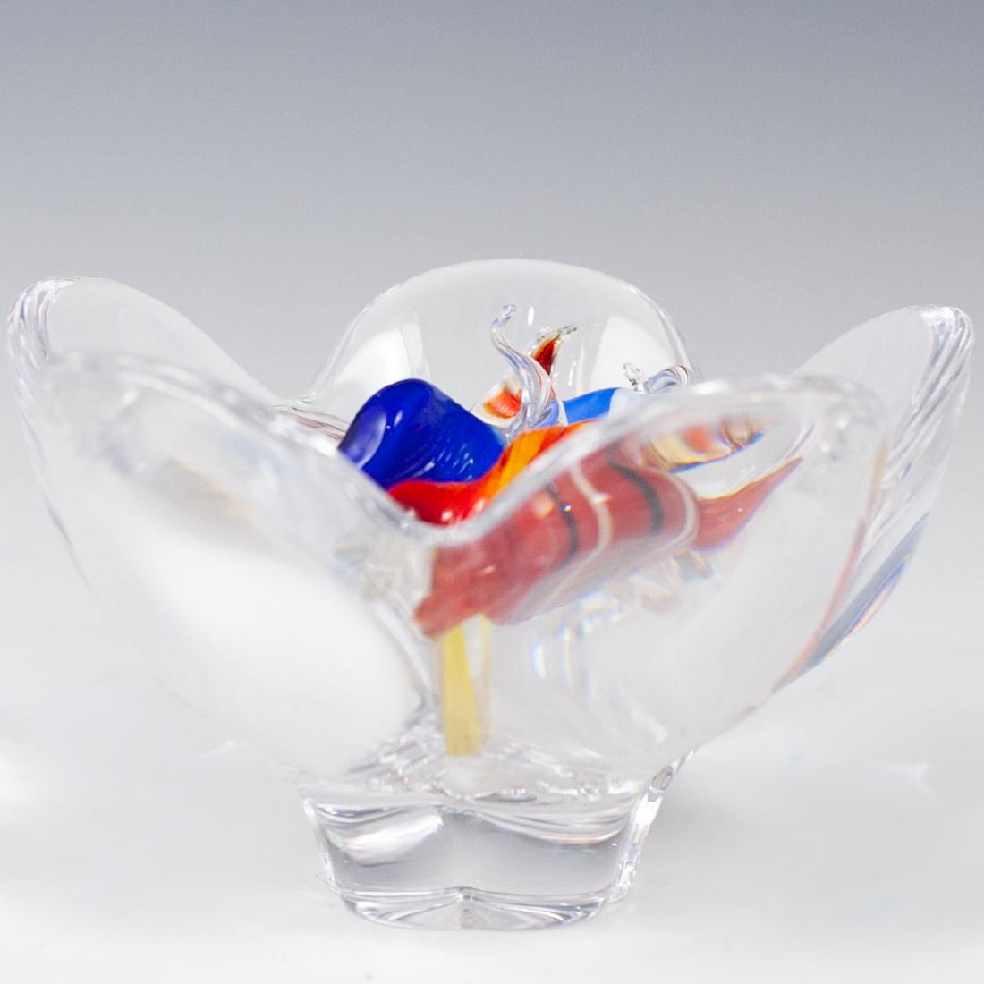 Crystal & Murano Glass Candy Bowl: DESCRIPTION: a crystal bowl in a floral shaped pattern features a total of nine multicolored life like murano glass bon bons. CIRCA: 20th Ct. ORIGIN: Italy DIMENSIONS: H: 3 1/4" L: 5 1/2" CONDITION: G