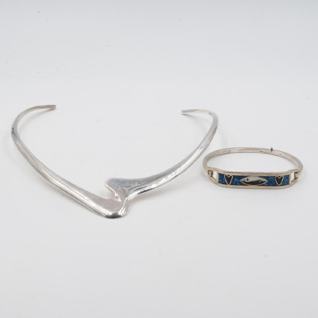 Mexican Sterling Necklace & Bracelet: DESCRIPTION: Mexican sterling silver necklace and bracelet, the choker necklace features in a fluid design marked along the back "MWS .925 Mexico". The sterling bracelet features lapiz stone with ying