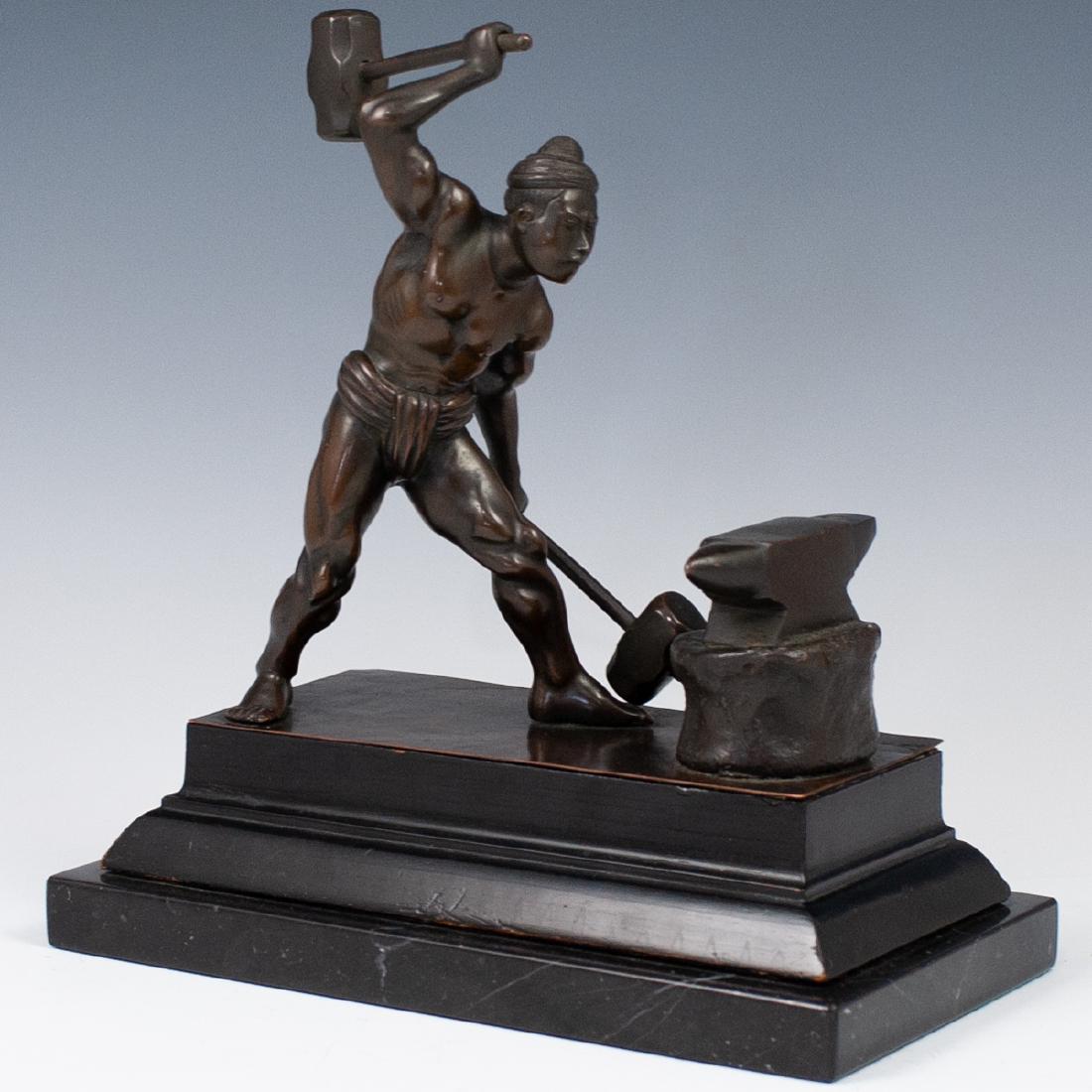 Japanese Meiji Bronze Samurai Forger: DESCRIPTION: A Japanese Meiji period bronze depicts a Samurai forger hammering against an anvil in ultra realistic details. Finished in a dark brown patina over a rectangular stand, fitted atop a marb