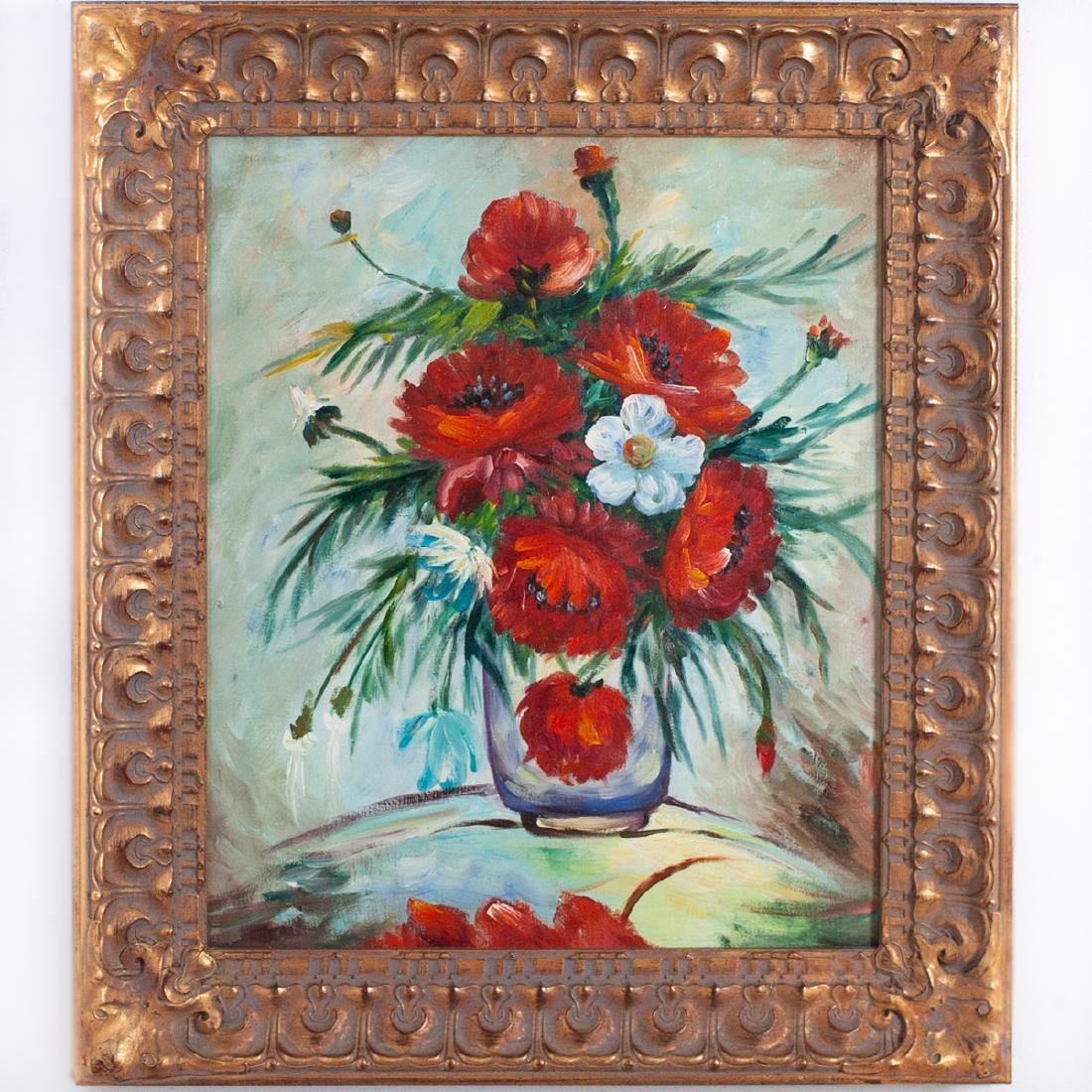 Acrylic On Canvas "Bouquet Still Life" Painting: DESCRIPTION: An acrylic on canvas painting depicts a bouquet of flowers in multi colored hues, set within a gold leaf frame. CIRCA: 20th Ct. ORIGIN: USA DIMENSIONS: In frame H: 31 1/4" L: 27 3/8" COND