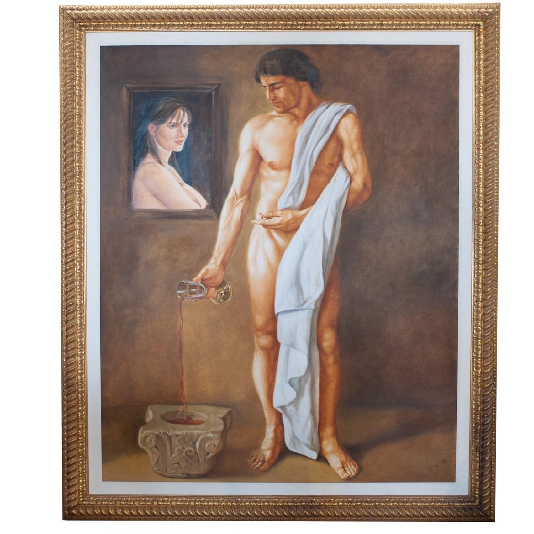 Eivar Moya (1970- ) Colombia: DESCRIPTION: Titled " La Despedida" original oil on canvas by Eivar Moya. Depicts a half nude man standing, while pouring wine into a capital. In the background hangs a picture of a woman. Signed "Eiv