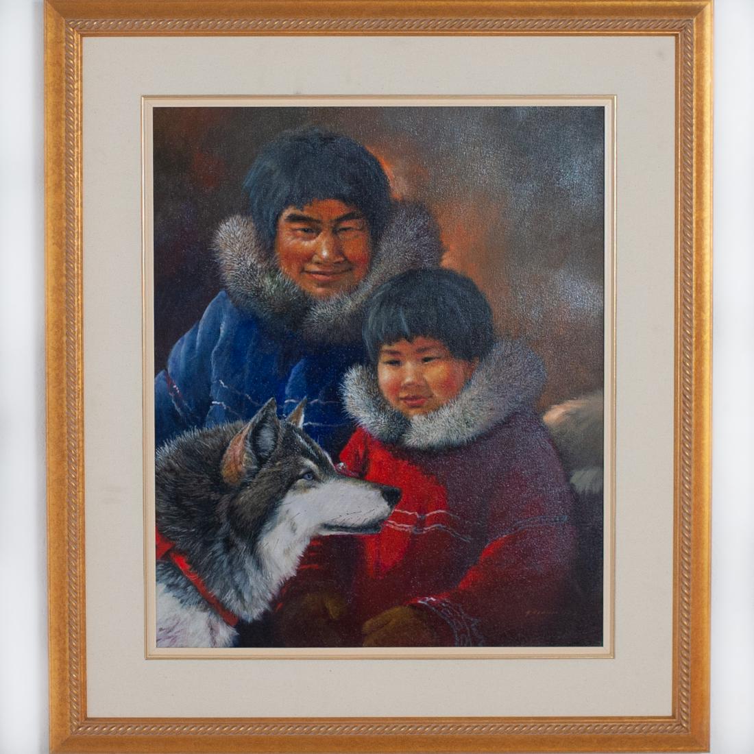 Amneris Fernandez (Venezuelan. 1950-Present) Oil: DESCRIPTION: An oil on canvas painting by Venezuelan artist Amneris Fernandez features a portait setting portraying inuit figures with their sled dog, signed on the lower right A. Fernandez. CIRCA: La