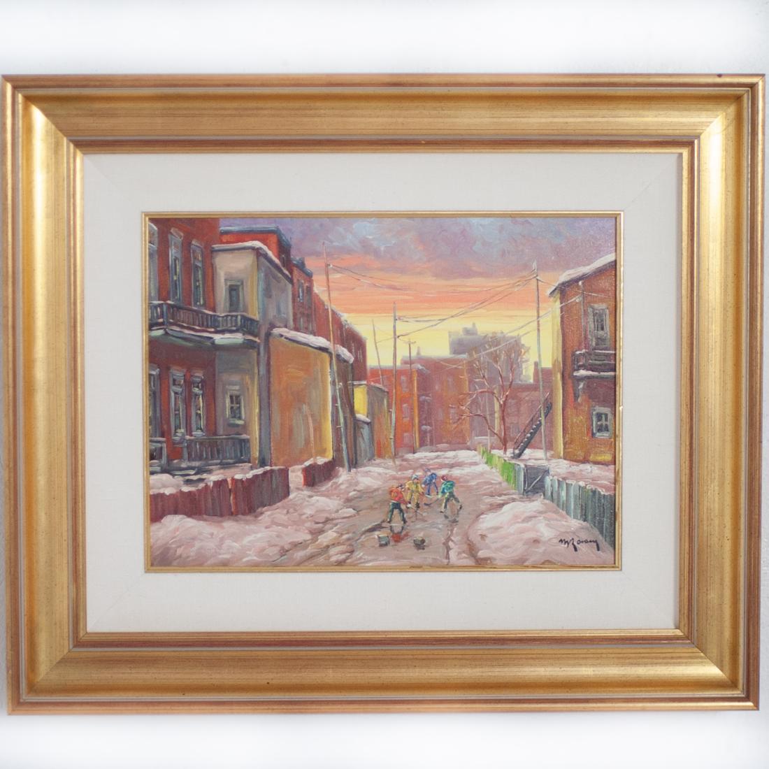 Marcel Ravary (Canadian. 1940-Present) Oil Painting: DESCRIPTION: An oil on canvas painting by Canadian artist Marcel Ravary. The painting depicts a Quebec Neighborhod setting with children playing ice hockey, signed on the lower right by artist. Comes