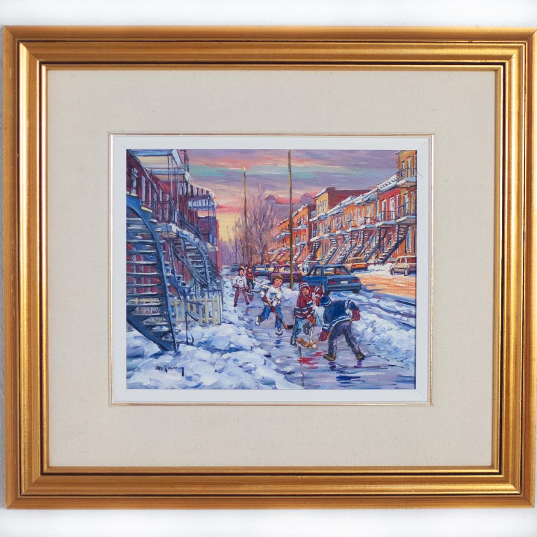 Marcel Ravary (Canadian. 1940-Present) Oil Painting: DESCRIPTION: An oil on canvas painting by Canadian artist Marcel Ravary. The painting depicts a Quebec Neighborhod setting with children playing ice hockey on the sidewalk, signed on the lower right b