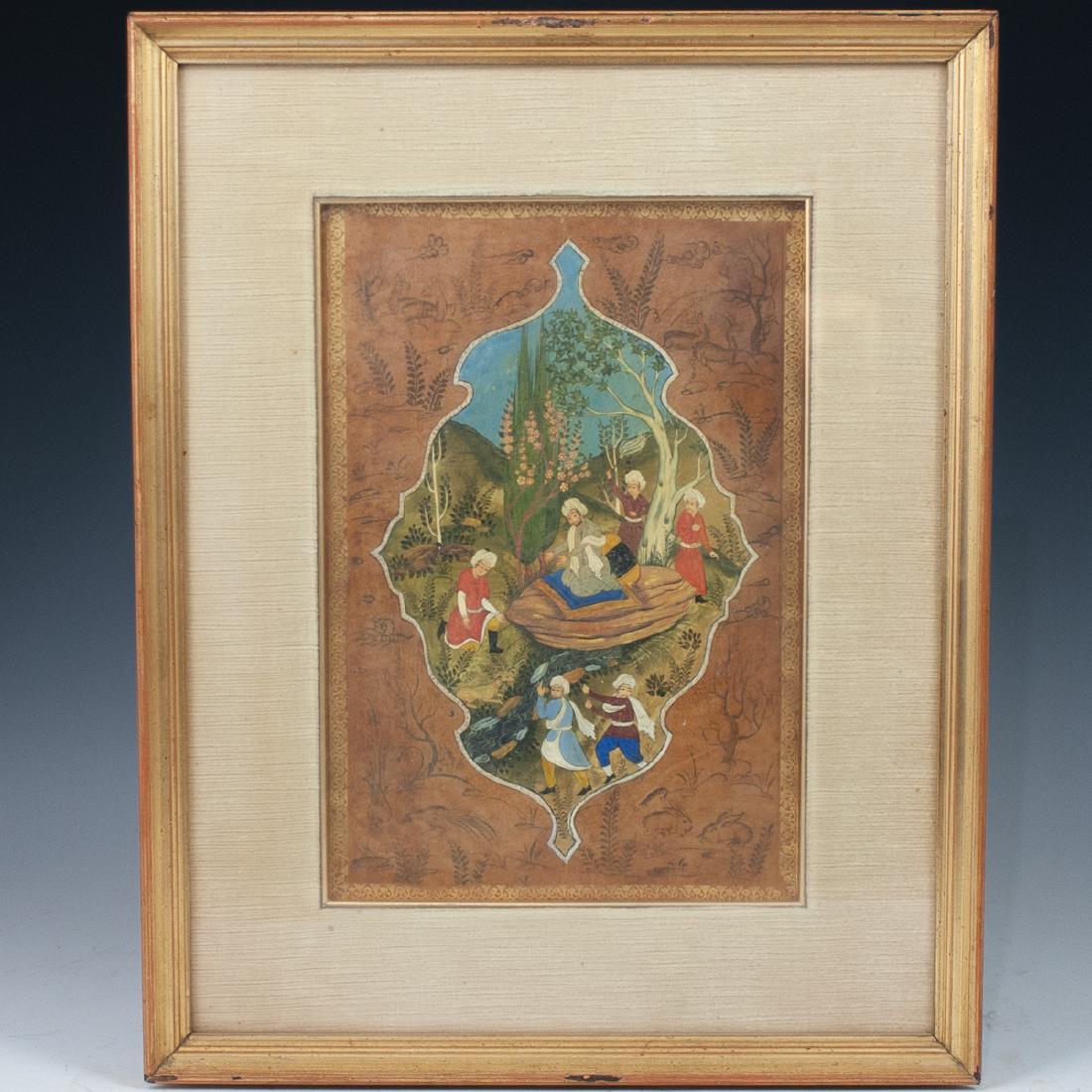 Antique Persian Gouache: DESCRIPTION: Antique Persian Gouache on board. Inside the harem, a man sits surrounded by women. The women seen playing musical instruments, and serving food. CIRCA: 19th/20th ORIGIN: Iran DIMENSIONS: