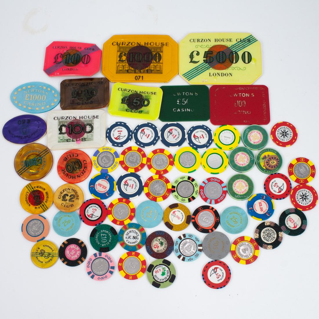Mixed Lot of English Casino Chips: DESCRIPTION: Mixed Lot of English Casino Chips. Featuring chips from Sportsmas Club, London Curzon House, Grosvenor Visctoria, Park Tower Casino, Charlie Casters, Victoria, Newtons Casino, Curzon Hous