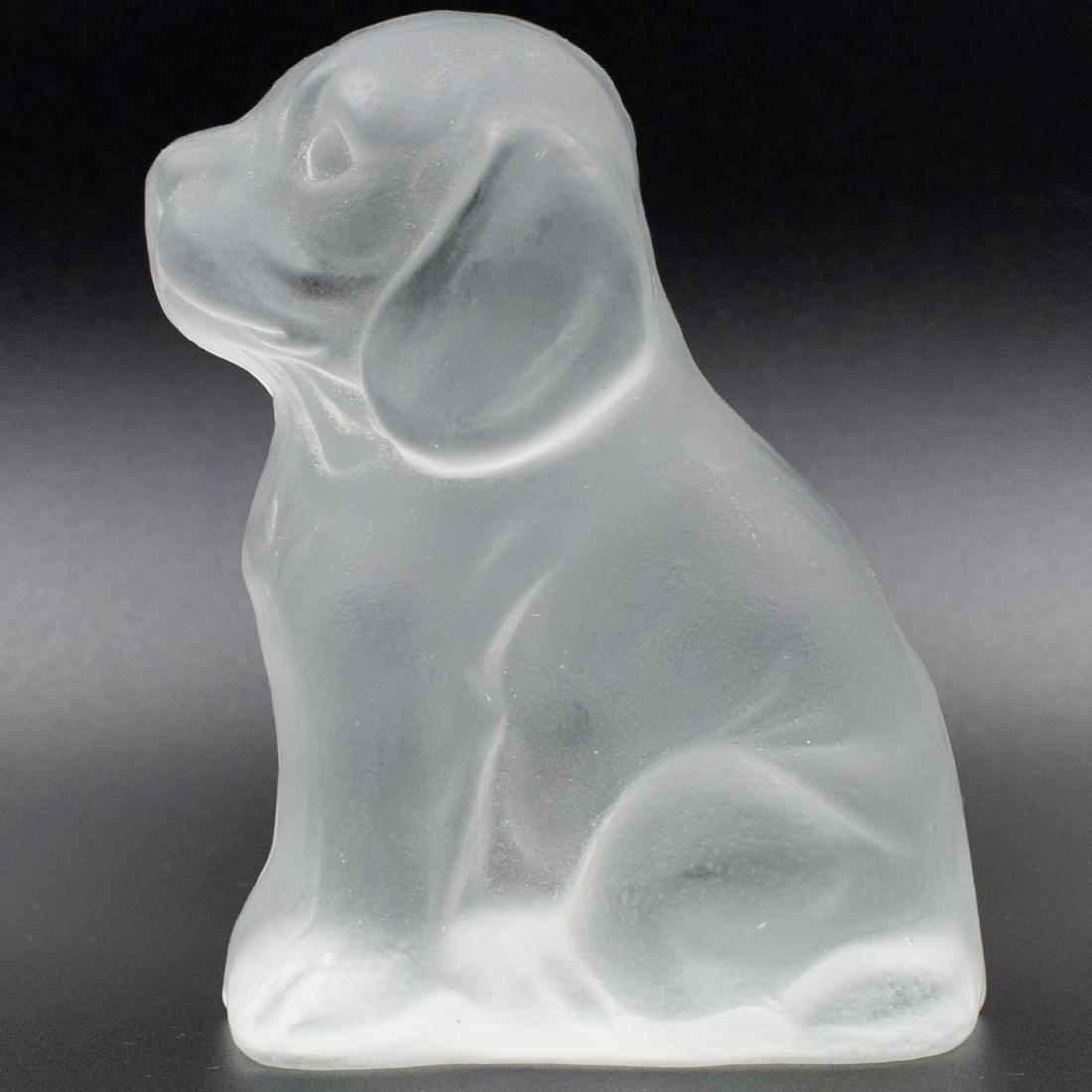 Glass Figurines: DESCRIPTION: A set of two glass figurines composed of a frosted glass dog by Viking, and a clear glass owl figurine with interior controlled bubbles. CIRCA: Late 20th-21st Ct. DIMENSIONS: (Owl) H:3.75