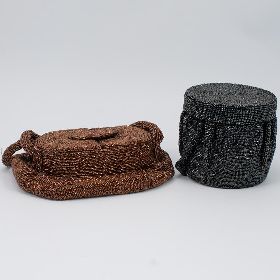 Vintage French Beaded Bags: DESCRIPTION: A set of two vintage French beaded bags. The first feature an overall copper toned beaded foundation. The second has an overall marcasite toned beaded foundation. CIRCA: Mid 20th Ct. ORIG