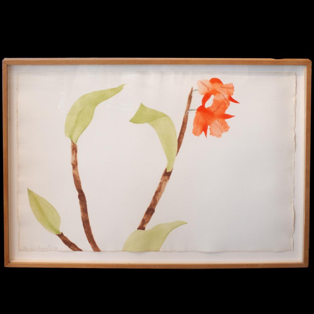 Edward Baynard (American b. 1940-): DESCRIPTION: An aquatint print on paper by Edward Baynard depicting a red orchid on a stem with green leaves. Signed in pencil along the lower left corner: "23/60 Ed Baynard 1980." CIRCA: 1980 ORIGIN: