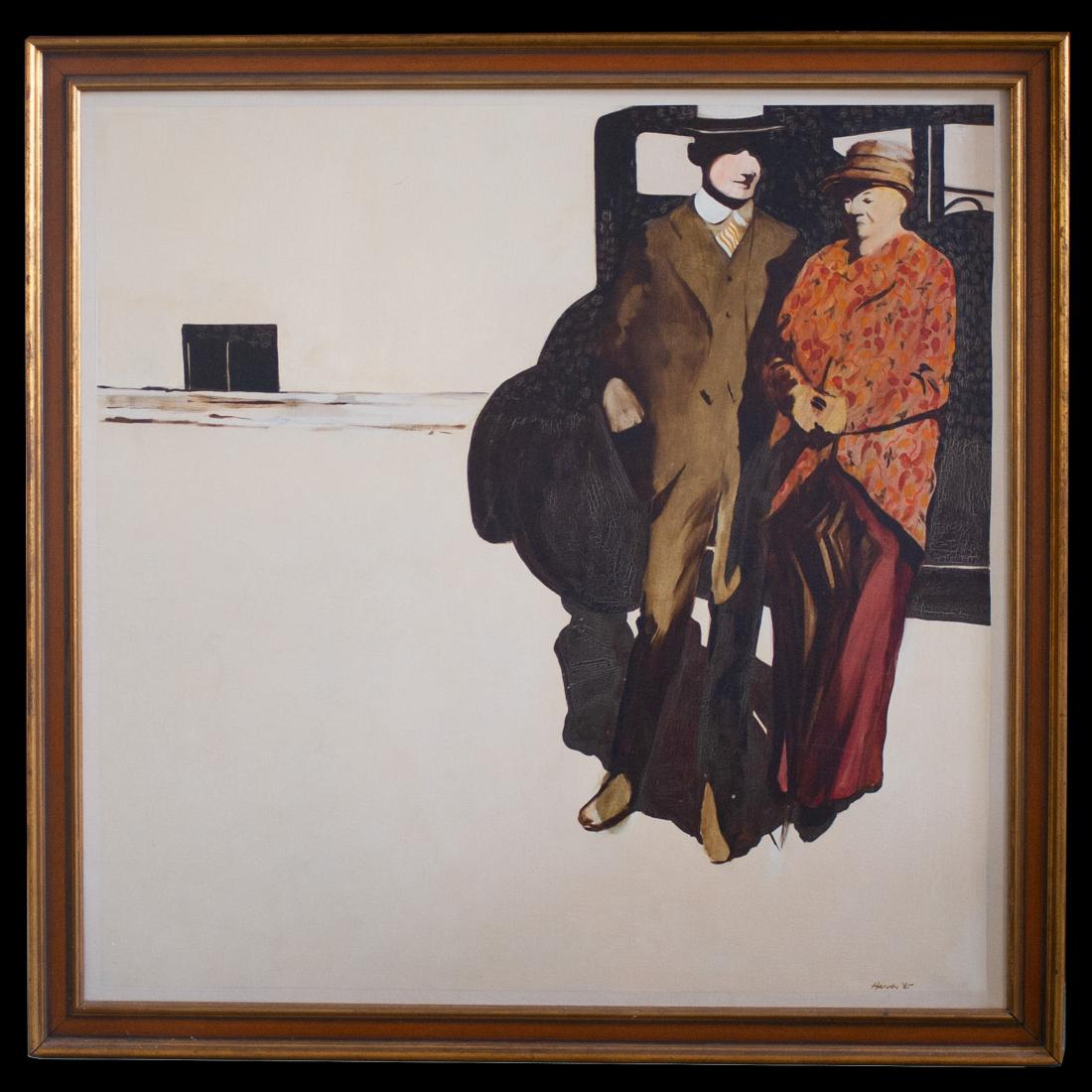 Robert Harvey (American, 1924-2004): DESCRIPTION: An oil on canvas painting by American artist, Robert Harvey, titled: "Leaving for Florida." Features a depiction of a man and woman stepping out of a car with luggage. Signed by the artis