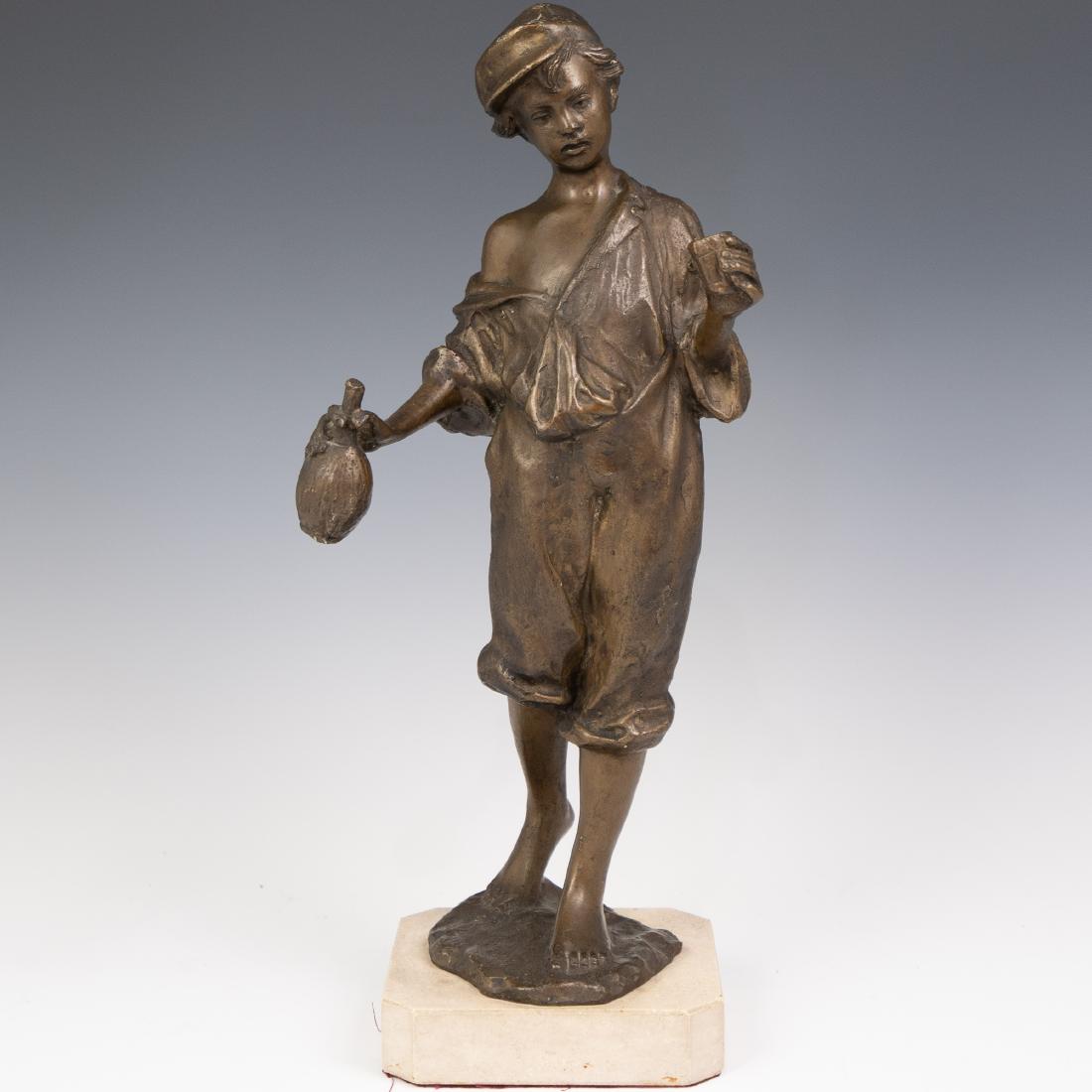 Bronze "Drunk Adolescent" Sculpture: DESCRIPTION: A bronze sculpture depicts a young boy staggerly walking with a bottle and cup in hand, completed in a light brown paina and fitted atop a stone base. Unsigned. CIRCA: Early-Mid 20th cent