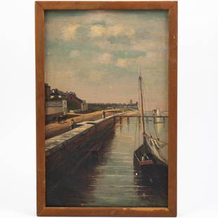 Frank Henry Shapleigh (American. 1842-1906) Oil On: DESCRIPTION: An oil on canvas painting by American artist Frank Henry Shapleigh depicts a harbor view of Fort Marion with a boat named "Anita" approaching, signed on the bottom right "F.H Shapleigh" a