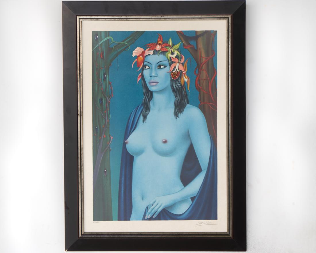 Felix Labisse (French. 1905-1982) Lithograph: DESCRIPTION: A lithograph by French surrealist artist Felix Labisse depicts in a erotic fantasy style a blue woman with floral decorations in her hair. Numbered "63/175" and pencil signed by the arits