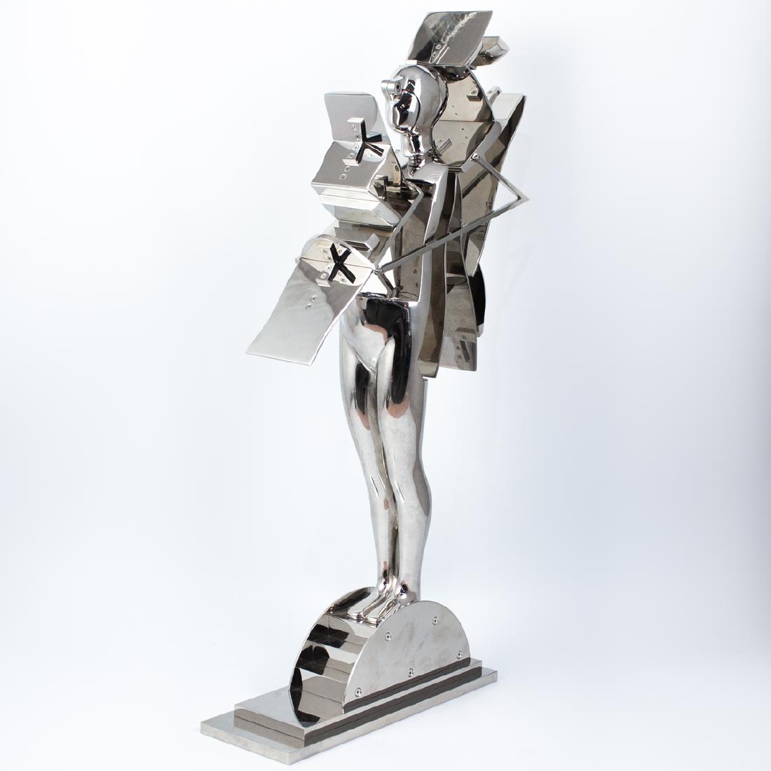 Ernest Trova (American. 1927-2007) "New Cut Figure": DESCRIPTION: sculpture by American surrealist artist Ernest Trova features a stainless steel figure titled "New Cut Figure" Signed on the back of the base "E. Trova" and numbered "8/8" dated "1985". C