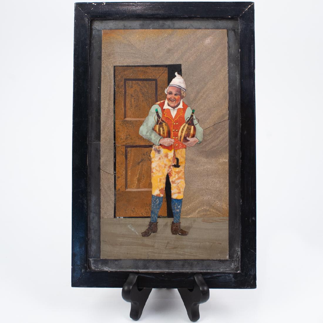 Framed Pietra Dura Plaque: DESCRIPTION: Italian Pietra Dura Plaque. Of rectangular form, depicting a bearded man with a white cap holding a candle and two wine bottles. Executed in various colored stones including lapis, agate 