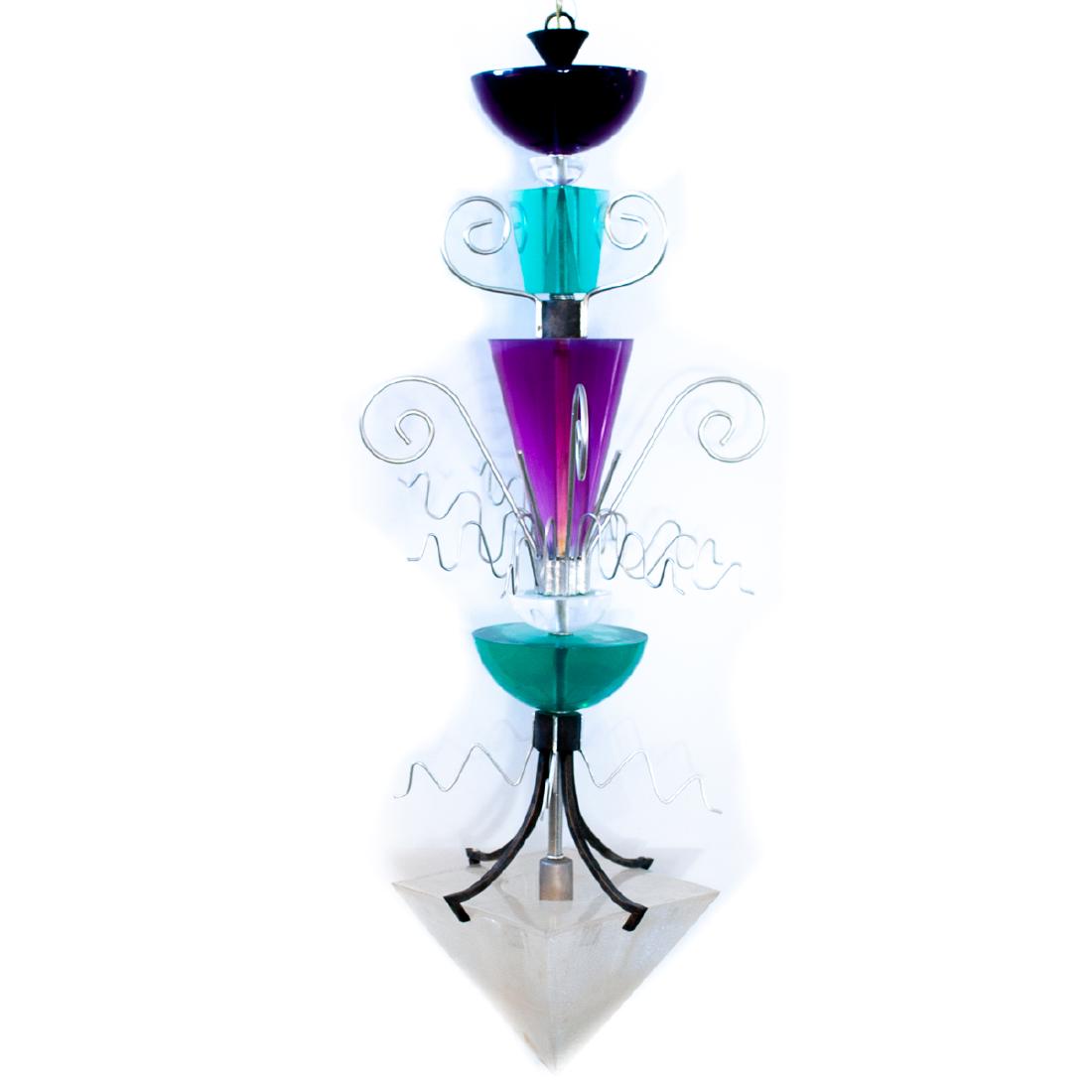Van Teal Multi-Tier Acrylic Chandelier: DESCRIPTION: A vintage multi-tier acrylic chandelier features alternating green and purple circular prism shapes, completed by a frosted finial prism at the bottom. Further accented by metal wiring in