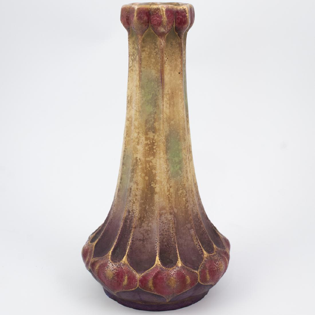 Art Nouveau Amphora Vase: DESCRIPTION: Art Nouveau Amphora Vase graduating from the base to the neck in a ridged design, marked along the bottom with mark and indisctinct signature. CIRCA: 20th Century ORIGIN: DIMENSIONS: H. 1
