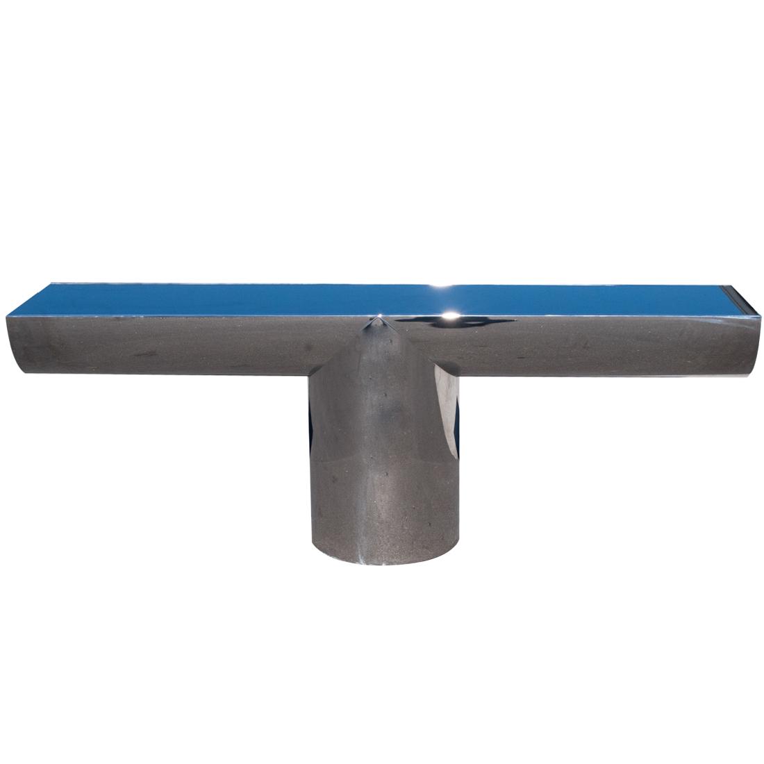 J. Wade Beam Mid-Century Console Table: DESCRIPTION: A Mid-Century "Tee" console table by J. Wade Beam for Brueton. Features brushed stainless steel fitted with black granite panels. The cylindrical single pedestal stainless steel base seam