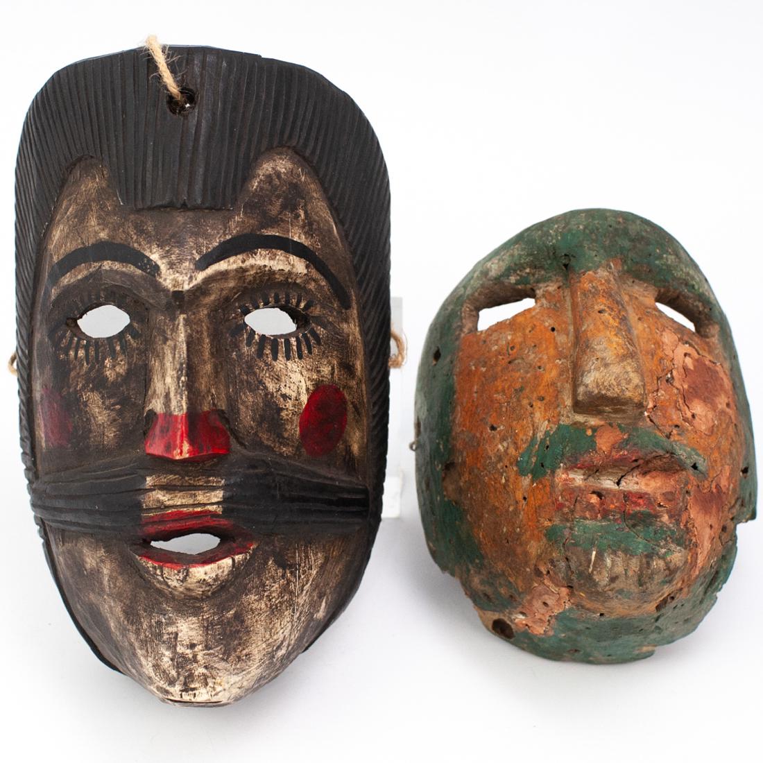 (2 Pc) Mexican Hand Carved Wooden Folk Mask (1 of 3)