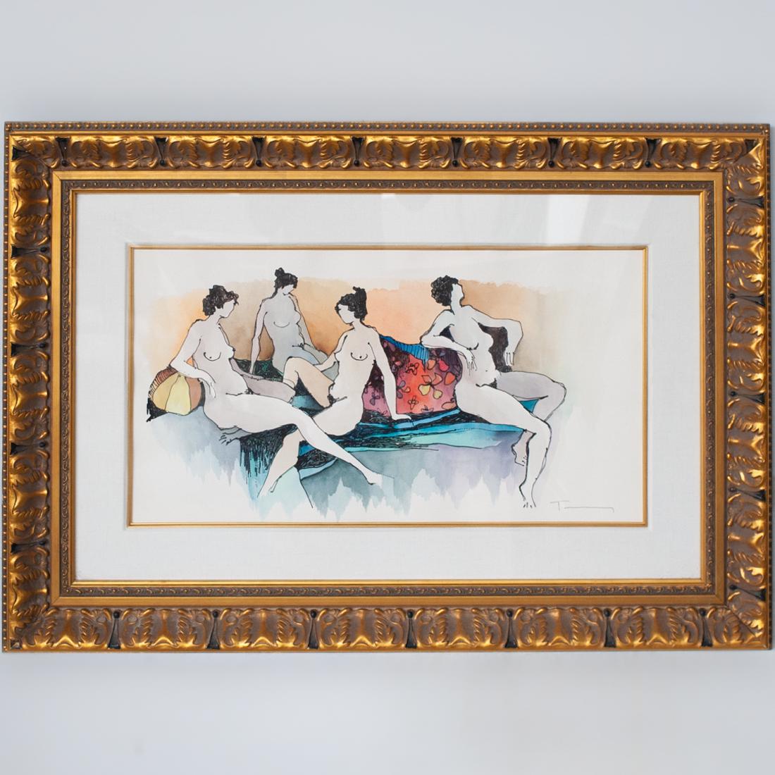 Itzchak Tarkay (Israeli, 1935-2012) "Four Nudes" Mixed: DESCRIPTION: A Watercolor and mixed media drawing on woven paper by Itzchak Tarkay. Titled: "Four Nudes". Depicts four nude women in an interior setting. Signed lower right in ink. Framed under glass 