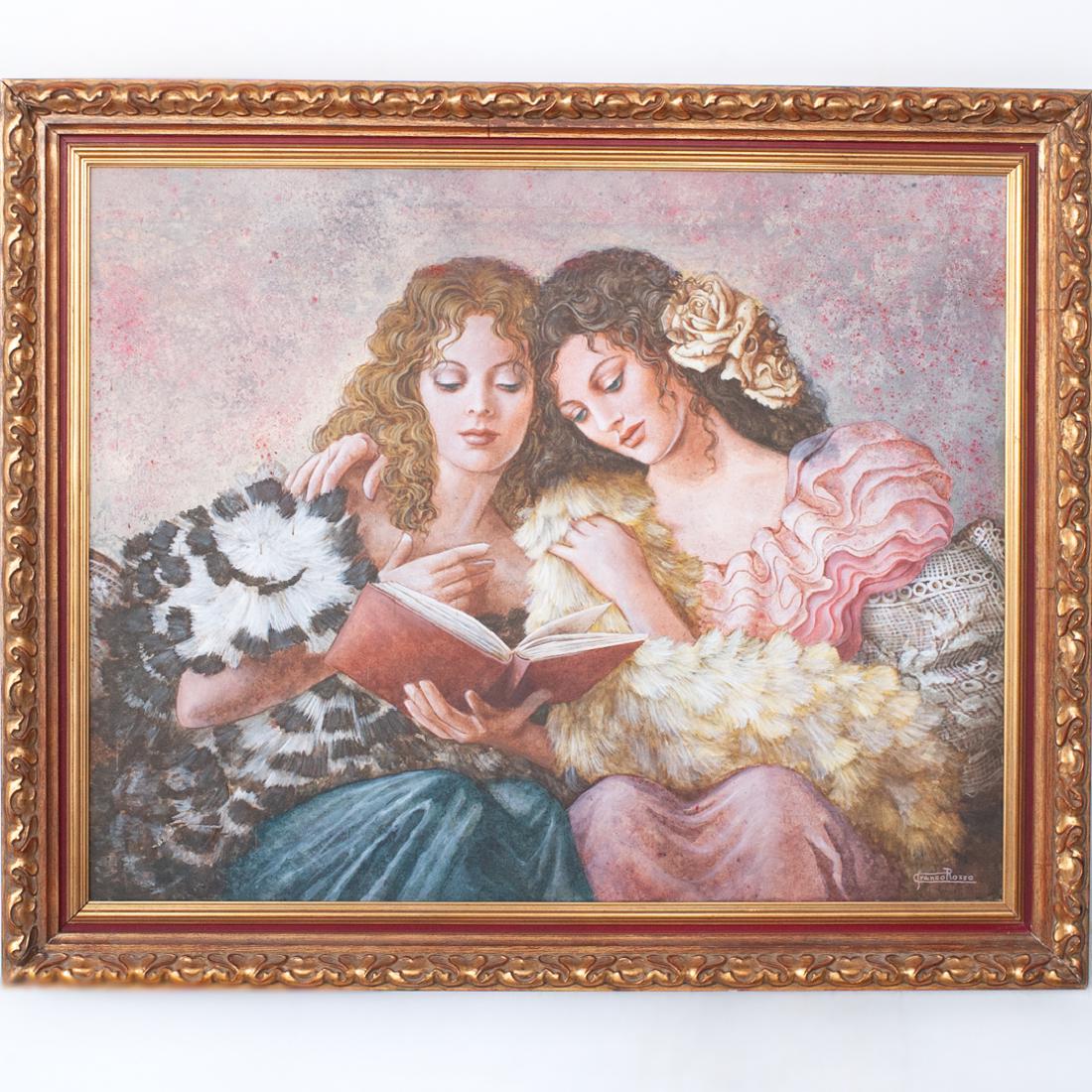 Franco Rosso (Italian, 1941-2016) "Poemario" Painting: DESCRIPTION: An oil on canvas painting. Titled "Poemario". Depicts two young ladies elegantly dressed reading a book, finished with pink to gray speckled backdrop. Signed on the lower right "Franco Ro