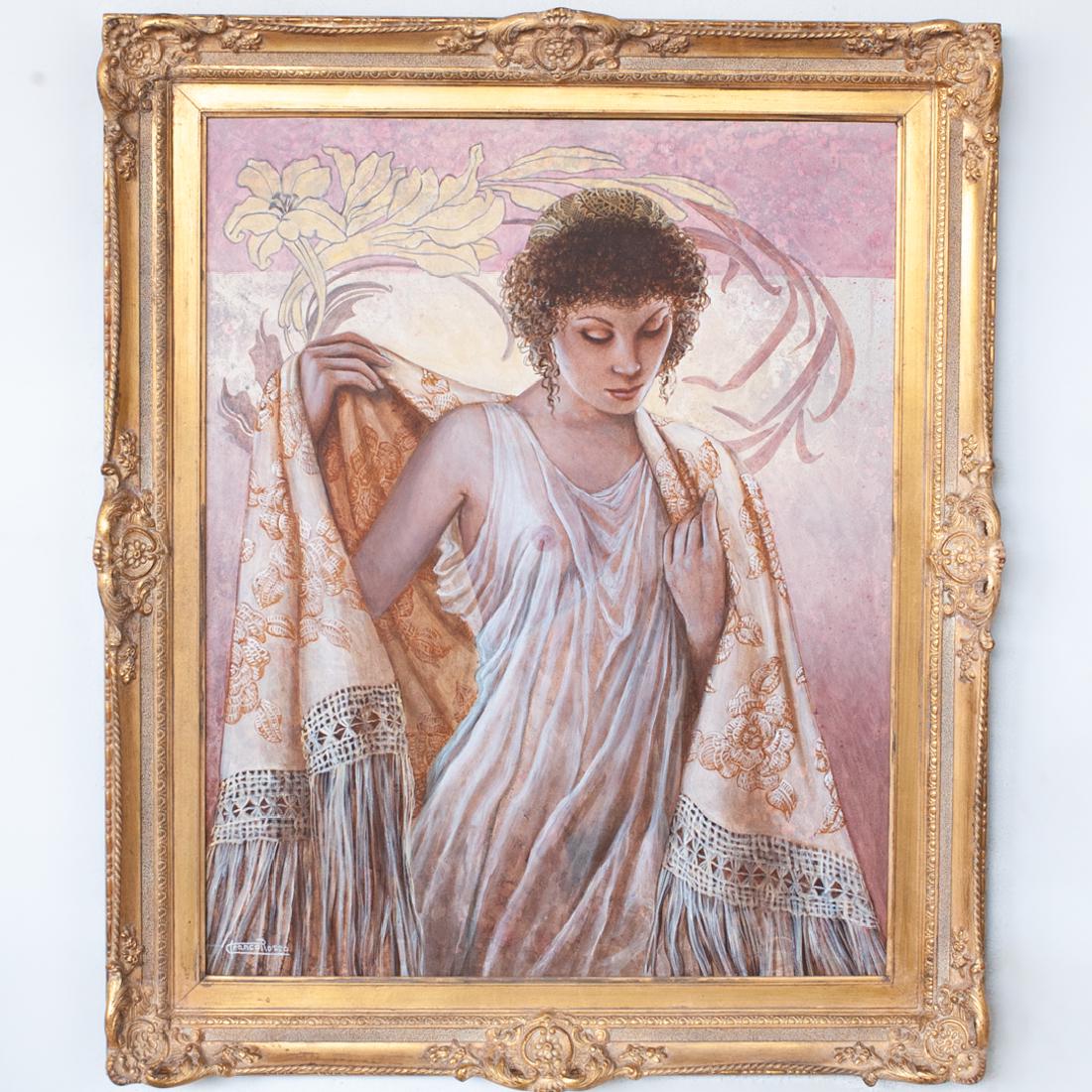 Franco Rosso (Italian, 1941-2016) "Contro Luce": DESCRIPTION: An oil on canvas painting. Titled "Contro Luce"- translates to, found light. Depicts a young woman covering herself in a shawel, completed with a pink and beige backdrop. Signed on the lo