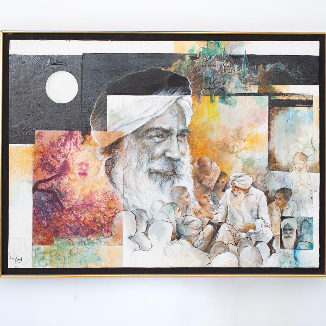 Jonas Gerard (American, b. 1941) Mixed Media Painting: DESCRIPTION: A Mixed media on canvas painting by American artist Jonas Gerard. Features an painted oil and collage composition of a religious figure and illustrated city in the background. Signed and