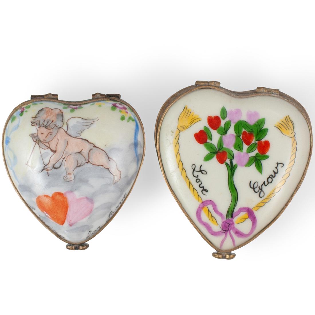 (2 Pc) Limoges Peint Main Heart Trinket Boxes (1 of 3)
